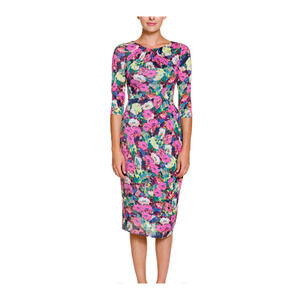 Boden Floral Print Midi Pencil Dress 6L Pink Sophia 3/4 Sleeve Lined Zip Tencel